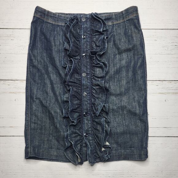 7 For All Mankind Denim Jean Ruffle Pencil Mini Skirt Dark Wash Y2K Buttons 30 - Picture 1 of 8